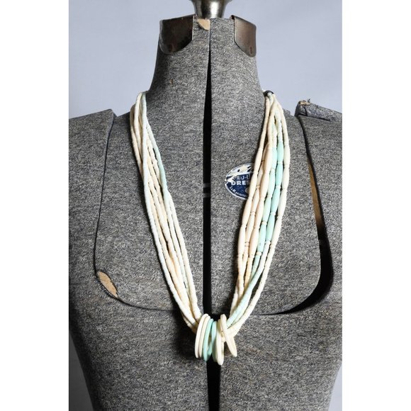 Vintage 1980s Bone Light Aqua Blue Long Necklace | 30" Length - Picture 2 of 9